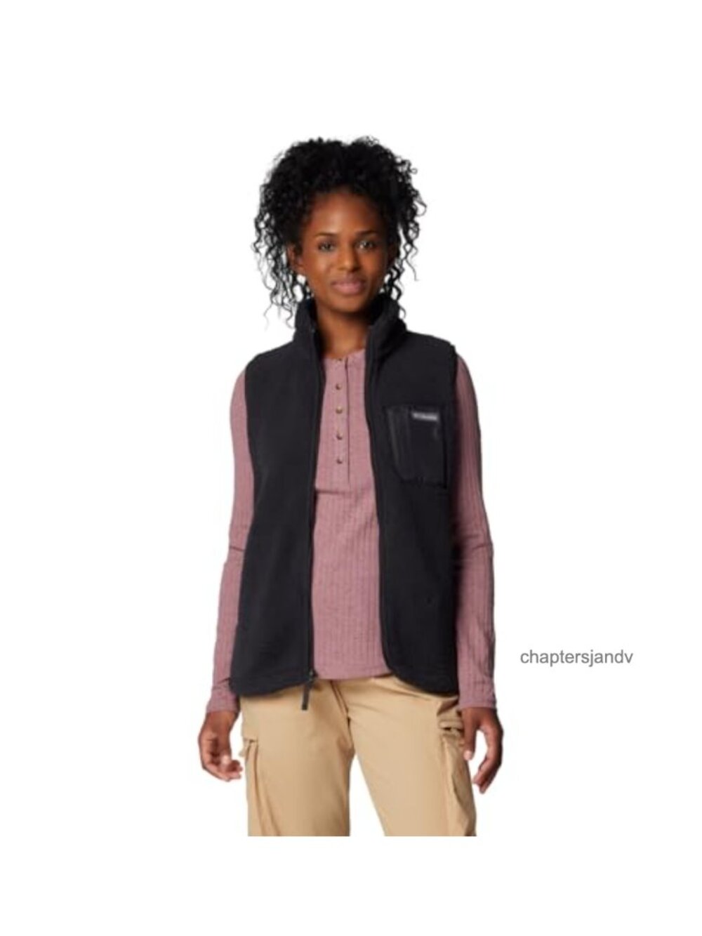Fuzzy Sherpa Fleece Vest High Collar Zip Pockets Drawcord Hem